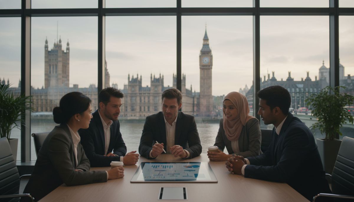 A diverse group of business professionals in a modern London office, discussing a project over a tablet with a view of Big Ben in the background, realistic style, soft lighting.