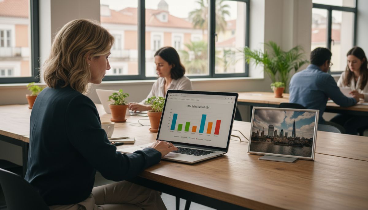 A professional UK expat entrepreneur sitting in a bright, modern co-working space in Lisbon, looking at a laptop screen displaying a colorful CRM sales pipeline chart with the London skyline visible in a framed photo on the desk.
