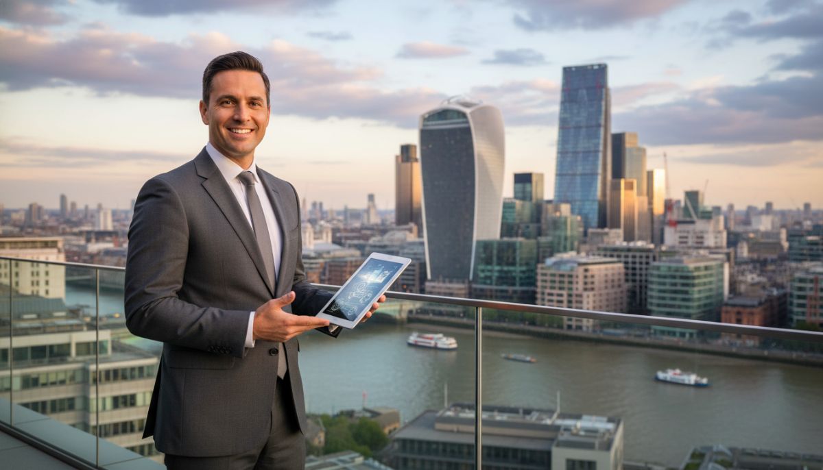 A professional expat entrepreneur in a sleek charcoal suit standing on a balcony overlooking the London skyline with the Gherkin and the Walkie-Talkie buildings in the background, holding a digital tablet and smiling confidently.
